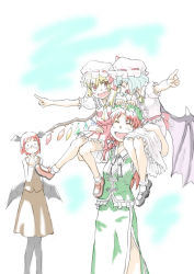 Rule 34 | 4girls, :d, ^ ^, alternate hair length, alternate hairstyle, ascot, bat wings, beret, bespectacled, blue hair, braid, carrying, carrying over shoulder, closed eyes, crystal, dress, dress shirt, closed eyes, fang, finger to mouth, flandre scarlet, glasses, hat, head wings, hong meiling, koakuma, crossed legs, long hair, long sleeves, looking at another, looking down, looking to the side, looking up, low wings, multiple girls, necktie, open mouth, pointing, puffy short sleeves, puffy sleeves, red eyes, red hair, remilia scarlet, ribbon, sg-voodoo, shirt, shoes, short hair, short sleeves, shoulder carry, side ponytail, sitting on shoulder, skirt, skirt set, smile, star (symbol), sweatdrop, touhou, twin braids, vampire, vest, white shirt, wings