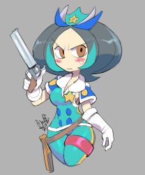Rule 34 | 1girl, aqua hair, black hair, breasts, brown eyes, caliginousarts, closed mouth, cropped legs, drill dozer, gloves, grey background, gun, hat, highres, holding, holding gun, holding weapon, holster, looking at viewer, medium breasts, multicolored hair, no nose, officer carrie, police, police hat, police uniform, policewoman, sideboob, simple background, sleeveless, solo, star (symbol), streaked hair, uniform, weapon, white gloves
