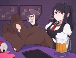 Rule 34 | 1girl, bartender, beer mug, black hair, can, cigarette, cocktail glass, cup, drink can, drinking glass, feet, highres, jill stingray, long hair, looking at viewer, mug, pantyhose, ponytail, red eyes, smoking, soda can, softhanten, soles, toes, torn clothes, torn pantyhose, va-11 hall-a