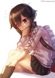 Rule 34 | 10s, 1girl, backpack, bag, black eyes, black hair, black legwear, black skirt, bread slice, cowboy shot, dressing, food, food in mouth, hayasui (kancolle), jacket, kantai collection, mk, mouth hold, pleated skirt, rigging, short hair, simple background, skirt, solo, toast, toast in mouth, track jacket, twitter username, white background, white jacket