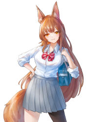 Rule 34 | 1girl, alternate costume, animal ear fluff, animal ears, arknights, bag, blush, bow, bowtie, brown hair, closed mouth, collared shirt, cowboy shot, fox ears, fox girl, fox tail, franka (arknights), garvini, grey skirt, hand on own hip, highres, long hair, long sleeves, pleated skirt, red bow, red bowtie, school bag, school uniform, shirt, simple background, single leg pantyhose, skirt, smile, solo, tail, very long hair, white background, white shirt, yellow eyes
