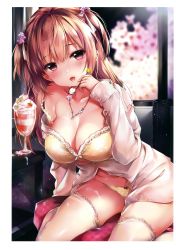 Rule 34 | 1girl, absurdres, bare shoulders, blush, border, breasts, brown eyes, brown hair, cherry blossoms, chiyingzai, cleavage, collarbone, highres, holding, holding spoon, indoors, large breasts, long hair, long sleeves, looking at viewer, non-web source, off shoulder, open clothes, open mouth, open shirt, original, panties, scan, shirt, smile, solo, spoon, strap slip, thighhighs, tongue, tongue out, two side up, underwear, white border, white shirt, white thighhighs, yellow eyes, yellow panties