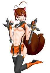 Rule 34 | 1girl, abs, animal ears, antenna hair, arc system works, bare shoulders, blazblue, blazblue: continuum shift, boots, breasts, brown eyes, brown hair, fingerless gloves, gloves, highres, kinakogm, makoto nanaya, navel, orange skirt, revealing clothes, short hair, side slit, skirt, smile, solo, squirrel ears, squirrel tail, strapless, tail, thighhighs, tonfa, tube top, underboob, weapon, zettai ryouiki