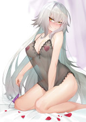 Rule 34 | 1girl, absurdres, ass, bed sheet, blush, breasts, cleavage, covered erect nipples, curtains, fate/grand order, fate (series), highres, jeanne d&#039;arc (fate), jeanne d&#039;arc alter (avenger) (fate), jeanne d&#039;arc alter (fate), large breasts, long hair, navel, nightgown, panties, unworn panties, pasties, petals, see-through, side-tie panties, silver hair, tsumiki (12756023), tsurime, underwear, very long hair, white background, yellow eyes