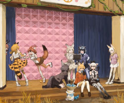 Rule 34 | 6+girls, ^^^, aardwolf (kemono friends), aardwolf print, alternate costume, animal ears, bat-eared fox (kemono friends), black fur, black hair, black neckwear, black skirt, blonde hair, blue hair, blue sweater, boots, bow, bowtie, brown hair, brown jacket, brown skirt, caracal (kemono friends), closed eyes, collared shirt, commentary request, common raccoon (kemono friends), cutoffs, dhole (kemono friends), dog ears, dog girl, dog tail, eating, elbow gloves, extra ears, ezo red fox (kemono friends), fennec (kemono friends), food, formal, fox ears, fox girl, fox tail, fur collar, fur trim, gloves, grey gloves, grey hair, hands on own hips, hat, high-waist skirt, highres, jacket, japari bun, kemono friends, light brown hair, long hair, long sleeves, lucky beast (kemono friends), multicolored hair, multiple girls, music stand, necktie, orange hair, orange jacket, orange legwear, orange neckwear, pantyhose, pink sweater, ponytail, print gloves, print legwear, print neckwear, print skirt, puffy short sleeves, puffy sleeves, raccoon ears, raccoon girl, rumenia (ao2is), serval (kemono friends), serval print, serval tail, shirt, short hair, short shorts, short sleeves, shorts, skirt, sleeveless, stage, suit, surprised, sweater, tail, thighhighs, top hat, two-tone legwear, white footwear, white fur, white hair, white headwear, white legwear, white neckwear, white serval (kemono friends), white shirt, white suit, yellow gloves, yellow legwear, yellow skirt, zettai ryouiki