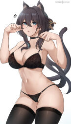 Rule 34 | 1girl, animal ear fluff, animal ears, bare arms, bare shoulders, black bra, black choker, black panties, black thighhighs, blue eyes, bra, breasts, cat ears, cat girl, cat tail, choker, commentary, cowboy shot, hair intakes, hands up, highres, hioyami, honkai: star rail, honkai (series), kemonomimi mode, large breasts, lingerie, long hair, looking at viewer, navel, panties, parted lips, paw pose, romaji commentary, ruan mei (honkai: star rail), simple background, solo, standing, stomach, tail, thighhighs, thighs, underwear, underwear only, white background