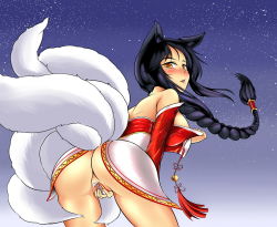 Rule 34 | 1girl, ahri (league of legends), animal ears, ass, black hair, blush, covering privates, covering crotch, fox, fox ears, fox tail, gradient background, highres, league of legends, long hair, multiple tails, naughty face, open mouth, sirat111, smile, solo, star (sky), tail, yellow eyes