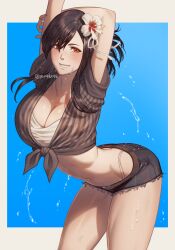 Rule 34 | 1girl, 50x48x48, arched back, arms up, bent over, bikini under shorts, black hair, border, breasts, cleavage, commission, crop top, denim, denim shorts, final fantasy, final fantasy vii, final fantasy vii rebirth, final fantasy vii remake, flower, grin, hair flower, hair ornament, hibiscus, highres, large breasts, navel, pixiv commission, red eyes, shirt, shorts, smile, solo, stomach, stretching, thighs, tied shirt, tifa lockhart, water, wet, white border, white flower