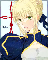 Rule 34 | 1girl, ahoge, artoria pendragon (fate), bad id, bad pixiv id, blonde hair, character name, command spell, fate/stay night, fate/zero, fate (series), green eyes, hair ribbon, leopon, open mouth, ribbon, saber (fate), solo