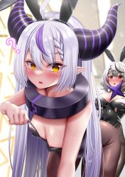 Rule 34 | 2girls, :o, ?, ahoge, animal ears, black gloves, black hair, blush, braid, breast hold, breast slip, breasts, cleavage, clothes pull, demon girl, demon horns, fang, fingerless gloves, gloves, hair between eyes, hair ornament, hololive, horns, la+ darknesss, large breasts, leotard, long hair, looking at viewer, multicolored hair, multiple girls, nipple slip, nipples, open mouth, pantyhose, parted lips, playboy bunny, pointy ears, purple hair, rabbit ears, red eyes, sakamata chloe, silver hair, skin fang, spoken question mark, streaked hair, strelka belca, striped horns, sweat, very long hair, virtual youtuber, x hair ornament, yellow eyes