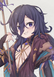 Rule 34 | 1girl, black hair, black leotard, blush, breasts, bridal gauntlets, brown dress, commentary request, dress, eyes visible through hair, fingernails, granblue fantasy, grey background, grin, hair between eyes, hand up, highres, holding, leotard, lich (granblue fantasy), long fingernails, long hair, nail polish, purple eyes, purple nails, shark fin, sharp teeth, simple background, small breasts, smile, solo, teeth, uneg, upper body