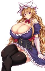 Rule 34 | 1girl, alternate breast size, arm support, asymmetrical breasts, bare shoulders, black thighhighs, blonde hair, blush, bow, bowtie, breasts, cleavage, commentary request, corset, covered erect nipples, curvy, detached sleeves, dress, ebi 193, elbow gloves, feet out of frame, frills, gloves, hair between eyes, hair bow, hat, hat ribbon, huge breasts, long hair, looking at viewer, mob cap, off-shoulder dress, off shoulder, parted lips, petticoat, pink eyes, puffy short sleeves, puffy sleeves, purple dress, red bow, red bowtie, red ribbon, ribbon, short sleeves, sidelocks, simple background, sitting, smile, solo, thick thighs, thighhighs, thighs, touhou, very long hair, white background, white gloves, white hat, yakumo yukari, zettai ryouiki