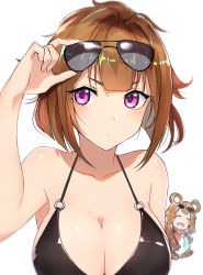 Rule 34 | 2girls, animal ears, blunt bangs, blush, breasts, brown hair, chibi, chibi inset, cleavage, closed mouth, collarbone, eyewear on head, girls&#039; frontline, grizzly mkv (girls&#039; frontline), hair intakes, hand up, large breasts, looking at viewer, luse maonang, multiple girls, o-ring, o-ring top, sidelocks, simple background, solo focus, sunglasses, upper body, white background