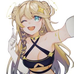 Rule 34 | 1girl, ;d, absurdres, armlet, blonde hair, blue eyes, braid, breasts, bustier, clothing cutout, commission, commissioner upload, double bun, earrings, french braid, gloves, hair bun, highres, index finger raised, jewelry, kaneko lumi, kaneko lumi (1st costume), long hair, looking at viewer, medium breasts, naponapo 6262, one eye closed, open mouth, phase connect, selfie, side braid, skeb commission, smile, solo, star (sky), star (symbol), star earrings, underboob, underboob cutout, very long hair, virtual youtuber, white gloves