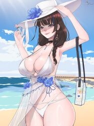 Rule 34 | 1girl, absurdres, beach, bikini, black hair, blue flower, blue hair, blush, braid, breasts, chaneti, cleavage, closed eyes, earrings, flower, goddess of victory: nikke, hair over shoulder, hand on headwear, hat, hat flower, highres, jewelry, large breasts, large hat, lips, long hair, mary (bay goddess) (nikke), mary (nikke), multicolored hair, navel, necklace, solo, streaked hair, sun hat, swimsuit, swimsuit cover-up, unusually open eyes, white bikini, white hat