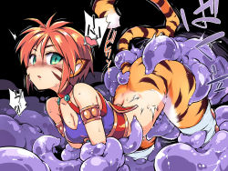 Rule 34 | animal ears, armlet, ass, black background, blush, bottomless, breath of fire, breath of fire ii, facial mark, monster, monster girl, motion lines, red hair, restrained, rinpoo chuan, short hair, slime, tail, tentacles, tentacle sex, tentacles, tiger ears, tiger tail, tomoshibi hidekazu