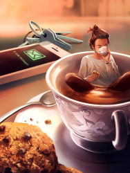 Rule 34 | 1girl, blurry, brown hair, brown pants, cellphone, closed eyes, cookie, cup, cyril rolando, depth of field, drinking, food, hair bun, hair slicked back, highres, holding, holding cup, holding food, in container, in cup, indian style, key, long sleeves, mini person, minigirl, original, pants, partially submerged, phone, saucer, shirt, short hair, single hair bun, sitting, smartphone, solo, spoon, table, tea, teacup, white shirt