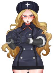 Rule 34 | 1girl, absurdres, blonde hair, blue eyes, blush, capcom, dancho no mori, gloves, hat, highres, jacket, kolin, long hair, street fighter, street fighter v, thick thighs, thighhighs, thighs, unbuttoned jacket