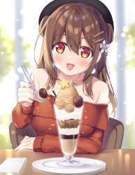 Rule 34 | :d, bad id, bad pixiv id, bare shoulders, black headwear, blurry, blurry background, blush, caramel, collarbone, depth of field, double bun, earrings, flower, food, hair between eyes, hair bun, hair flower, hair ornament, hairclip, holding, holding spoon, ice cream, jewelry, long hair, long sleeves, looking at viewer, off-shoulder shirt, off shoulder, open mouth, original, plate, red eyes, red shirt, shirt, sidelocks, sitting, smile, spoon, star (symbol), sumisaki yuzuna, table, upper body, white flower, wooden chair, wooden table