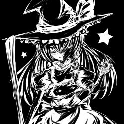 Rule 34 | 1girl, angry, black background, greyscale, guuchama, hair over one eye, hat, kirisame marisa, looking at viewer, mini-hakkero, monochrome, shaded face, simple background, solo, star (symbol), touhou, upper body, witch hat