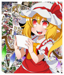Rule 34 | 1girl, arm ribbon, ascot, blonde hair, chibi, dress, eichi yuu, fangs, flandre scarlet, hat, hat ribbon, highres, mob cap, open mouth, photo (object), pointy ears, puffy short sleeves, puffy sleeves, red dress, red eyes, ribbon, sash, shirt, short sleeves, smile, solo, touhou, wings