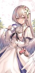 Rule 34 | 1girl, absurdres, alter (kxk7357), angel wings, blue archive, blurry, commentary request, cup, depth of field, dress, falling petals, feathered wings, flower, grey hair, gun, hair between eyes, hair flower, hair ornament, halo, handgun, highres, holding, holding cup, holding plate, holster, long hair, long sleeves, looking at viewer, nagisa (blue archive), petals, plant, plate, school uniform, serafuku, shoulder strap, sidelocks, simple background, smile, solo, teacup, weapon, white background, white dress, white wings, wings, yellow eyes