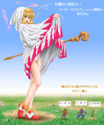 Rule 34 | 1girl, :d, blonde hair, blue eyes, blush, bow, bow panties, clothes lift, day, dress, dress lift, eichikei (hakuto), exhibitionism, final fantasy, final fantasy i, final fantasy iii, final fantasy tactics, flashing, giant, giantess, grass, halo, hood, legs, mini person, miniboy, ninja, ninja (final fantasy), open mouth, panties, partially translated, public indecency, ranger, shoes, short hair, skirt, skirt lift, smile, solo, square enix, staff, thief (final fantasy), translation request, underwear, upskirt, warrior, warrior (final fantasy), white mage (final fantasy), white panties