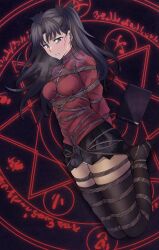 Rule 34 | 1girl, artist request, bdsm, black hair, blush, bondage, bound, breasts, crotch rope, fate/stay night, fate (series), full body, green eyes, highres, hogtie, long hair, long sleeves, medium breasts, no shoes, panties, parted lips, pleated skirt, skindentation, skirt, solo, tagme, thighhighs, tohsaka rin, twintails, underwear, white panties, worried
