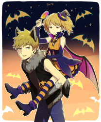 Rule 34 | 1boy, 1girl, 7100potechi, animal ears, bat wings, black vest, blonde hair, blue pants, candy, carrying, closed mouth, cowboy shot, detached sleeves, food, full body, fur collar, green eyes, grey shirt, halloween costume, hat, highres, holding, holding candy, holding food, holding lollipop, inukai sumiharu, kuroe futaba, lollipop, open mouth, orange eyes, orange skirt, pants, piggyback, purple footwear, shirt, short hair, skirt, sleeveless, smile, standing, striped clothes, striped legwear, striped thighhighs, thighhighs, twintails, vest, wings, witch hat, wolf boy, wolf ears, world trigger