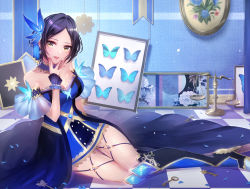 Rule 34 | 10s, 1girl, bare shoulders, black hair, blue dress, breasts, bug, butterfly, checkered floor, choker, cleavage, detached sleeves, dress, hair ornament, hand on own chin, hayami kanade, highres, idolmaster, idolmaster cinderella girls, insect, key, mairo, on floor, short hair, solo, wrist cuffs, yellow eyes