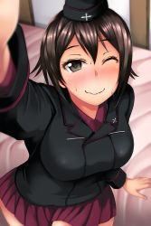 Rule 34 | 10s, 1girl, bed, black hat, black jacket, blurry, blurry background, blurry foreground, brown eyes, brown hair, closed mouth, commentary request, depth of field, dress shirt, embarrassed, garrison cap, girls und panzer, hat, highres, hubrael, indoors, jacket, kuromorimine military uniform, long sleeves, looking at viewer, military, military hat, military uniform, miniskirt, nishizumi maho, one eye closed, pleated skirt, reaching, reaching towards viewer, red shirt, red skirt, selfie, shirt, short hair, skirt, smile, solo, standing, sweatdrop, uniform, wavy mouth