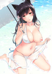 Rule 34 | 1girl, animal ears, atago (azur lane), atago (summer march) (azur lane), ayase hazuki, azur lane, beach, bikini, black hair, blush, breasts, brown eyes, cleavage, closed mouth, collarbone, covered erect nipples, day, extra ears, groin, hair ribbon, head tilt, holding, holding umbrella, large breasts, long hair, looking at viewer, mole, mole under eye, navel, nipples, ocean, one breast out, parted lips, ribbon, sand, sarong, sitting, skindentation, smile, solo, stomach, sunlight, swept bangs, swimsuit, thighs, umbrella, wariza, white bikini, white ribbon