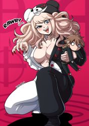 Rule 34 | 1girl, artist name, blonde hair, breasts, character doll, claw pose, cleavage, commentary, cosplay, danganronpa: trigger happy havoc, danganronpa (series), doll, enoshima junko, half-closed eye, hands up, highres, holding, holding doll, hood, hood up, kinkymation, large breasts, long hair, long sleeves, looking at viewer, monokuma, monokuma (cosplay), naegi makoto, nail polish, onesie, open mouth, partially unbuttoned, pink background, red nails, spoilers, teeth, two-tone background, upper teeth only