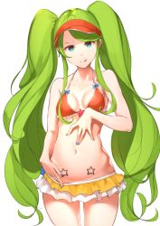 Rule 34 | 10s, 1girl, :q, aqua eyes, bad id, bad pixiv id, bikini, bikini top only, blue nails, breasts, character request, green hair, highres, long hair, looking at viewer, medium breasts, monster strike, nail polish, navel, ohana san, pubic tattoo, simple background, solo, star tattoo, stomach tattoo, swimsuit, tattoo, tongue, tongue out, twintails, very long hair, visor cap, white background