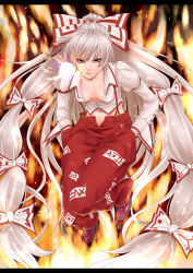 Rule 34 | 1girl, bad id, bad pixiv id, bow, cigarette, female focus, fire, fujiwara no mokou, hair bow, hair ribbon, hands in pockets, highres, letterboxed, long hair, midriff, no bra, pants, red eyes, ribbon, silver hair, smoking, solo, suspenders, touhou, zucchini