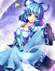 Rule 34 | 1girl, belt, blue dress, blue eyes, blue hair, breasts, cleavage, collarbone, dress, floral print, flower, hair ornament, hair rings, hair stick, highres, kaku seiga, large breasts, looking at viewer, matching hair/eyes, open clothes, open vest, petals, shawl, smile, solo, touhou, umigarasu (kitsune1963), vest