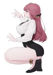 Rule 34 | 1girl, aru (blue archive), black footwear, blue archive, blush, bow, breasts, half-closed eyes, highres, horns, kneeling, large breasts, long hair, open mouth, rabbit (wlsdnjs950), red hair, saliva, simple background, solo, suggestive fluid, sweat, white background, yellow bow, yellow eyes