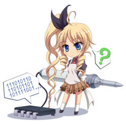Rule 34 | 1girl, ?, ahoge, apron, arms behind back, asymmetrical hair, bad id, bad pixiv id, binary, blonde hair, blue eyes, blush, bow, chibi, computer chip, drill hair, drill sidelocks, full body, hair bow, ishida seito, long hair, lowres, mini person, minigirl, numbers, original, pleated skirt, red neckwear, side ponytail, sidelocks, simple background, skirt, socks, soldering iron, solo, speech bubble, spoken question mark, standing, very long hair, white background, white socks