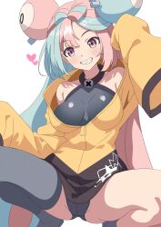 Rule 34 | 1girl, aqua hair, asymmetrical bangs, bare shoulders, black jacket, blush, bow-shaped hair, breasts, character hair ornament, commentary request, creatures (company), fang, game freak, grey footwear, grey shirt, grey thighhighs, grin, hair ornament, hands up, heart, highres, iono (pokemon), jacket, large breasts, legs, long hair, long sleeves, looking at viewer, multicolored clothes, multicolored hair, multicolored jacket, nintendo, pink eyes, pink hair, pokemon, pokemon sv, pon tanuki (ga7fsrge9jxblaw), shirt, simple background, single thighhigh, sleeveless, sleeveless shirt, sleeves past fingers, sleeves past wrists, smile, solo, split-color hair, squatting, teeth, thighhighs, thighs, two-tone hair, two-tone jacket, very long sleeves, white background, wide sleeves, yellow jacket
