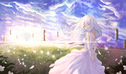Rule 34 | 1girl, :d, absurdres, arms behind back, cloud, cloudy sky, day, dress, closed eyes, floating hair, highres, keis (locrian1357), long dress, long hair, open mouth, original, outdoors, ribbon, silver hair, sky, sleeveless, sleeveless dress, smile, solo, sundress, sunset, very long hair, white dress, white ribbon