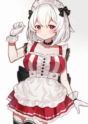 Rule 34 | 1girl, absurdres, akutaa, alternate costume, apron, azur lane, belt, black thighhighs, bow, breasts, choker, cleavage, collarbone, commentary request, eyes visible through hair, gloves, hair between eyes, hair bow, highres, looking at viewer, maid, maid apron, maid headdress, red eyes, short hair, sidelocks, simple background, sirius (azur lane), smile, solo, thighhighs, white background, white gloves, white hair, zettai ryouiki
