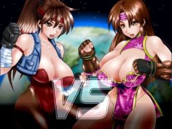 Rule 34 | 2girls, breakers, breakers revenge, breasts, brown hair, chinese clothes, cleavage, covered erect nipples, fighting stance, gloves, headband, jacket, large breasts, leotard, lowres, multiple girls, open mouth, pantyhose, ponytail, ryona, shin (studios), strip fighter v, thigh gap, tia langray, wrist wrap