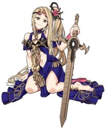 Rule 34 | 1girl, absurdres, barefoot, blonde hair, closed mouth, commission, cosplay, dress, ebinku, feet, female focus, fire emblem, fire emblem: three houses, flower, full body, hair flower, hair ornament, highres, holding, holding sword, holding weapon, kid icarus, kid icarus uprising, long hair, viridi, navel, nintendo, side ponytail, simple background, sitting, solo, sothis (fire emblem), sothis (fire emblem) (cosplay), sword, toes, weapon, white background