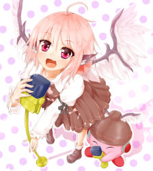 Rule 34 | 1girl, ahoge, animal ears, bird wings, bobby socks, chiroshiron, collarbone, collared shirt, crossover, dress, fang, from above, headphones, kirby, kirby (series), loafers, looking at viewer, microphone, mike kirby, music, mystia lorelei, nintendo, open mouth, pink hair, purple eyes, shirt, shoes, short hair, singing, socks, touhou, winged hat, wings