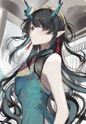 Rule 34 | 1girl, arknights, bare shoulders, black hair, blush, breasts, china dress, chinese clothes, closed mouth, dragon horns, dress, dusk (arknights), dusk (everything is a miracle) (arknights), earrings, green dress, highres, horns, indoors, jewelry, long hair, looking at viewer, medium breasts, natsuba002, official alternate costume, pointy ears, red eyes, solo, swept bangs, upper body, very long hair