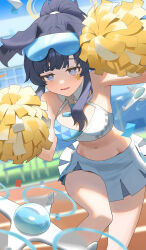 Rule 34 | 1girl, :d, animal ears, arm up, armpits, bare legs, bare shoulders, black hair, blue archive, blue eyes, blue sky, blush, breasts, byocho, cheerleader, collarbone, confetti, crop top, dog ears, dog girl, drone, eyewear on head, halo, hibiki (blue archive), hibiki (cheer squad) (blue archive), highres, holding, holding pom poms, looking at viewer, medium breasts, midriff, millennium cheerleader outfit (blue archive), miniskirt, navel, official alternate costume, open mouth, outdoors, pleated skirt, pom pom (cheerleading), pom poms, ponytail, running track, skirt, sky, smile, solo, standing, sticker on face, white skirt, yellow halo