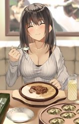 Rule 34 | 1girl, blurry, blurry background, blush, bra strap, breasts, brown hair, cleavage, closed eyes, closed mouth, collarbone, cup, dating, drinking glass, fine art parody, food, hair between eyes, head tilt, highres, kureha (ironika), large breasts, long hair, long sleeves, original, painting (object), parody, ribbed sweater, scoop neck, sitting, smile, solo, spoon, sports bra, sweater, the creation of adam, tsubasa (kureha), upper body