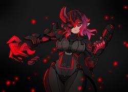 Rule 34 | 1girl, basil (basillief), black background, black bodysuit, black hair, black sclera, bodysuit, colored sclera, commentary, english commentary, gloves, glowing, glowing hand, gradient hair, gun, highres, holding, holding gun, holding weapon, horns, indie virtual youtuber, mask, multicolored hair, one eye covered, open hand, pink gloves, pointy ears, purple hair, red eyes, reloading, scarlet liatris, solo, virtual youtuber, weapon, wide hips