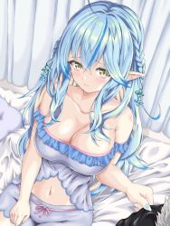 Rule 34 | 1girl, ahoge, bed, blue hair, blue nails, blush, breasts, cleavage, closed mouth, clothes grab, collarbone, curtains, fingernails, fur-trimmed jacket, fur trim, half updo, hand on lap, highres, hololive, indoors, jacket, large breasts, long hair, looking to the side, nail polish, navel, off-shoulder shirt, off shoulder, on bed, orendji, pillow, pointy ears, shirt, shishiro botan, shorts, sidelocks, sitting, sleepwear, sleeve grab, solo focus, thighs, very long hair, virtual youtuber, yellow eyes, yukihana lamy