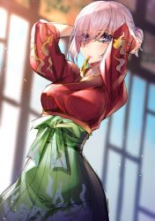 Rule 34 | 1girl, arms up, black-framed eyewear, blurry, blurry background, bow, breasts, closed mouth, collarbone, depth of field, eyes visible through hair, fate/grand order, fate (series), glasses, green bow, green hakama, hair bun, hair over one eye, hakama, hakama skirt, hakuishi aoi, highres, japanese clothes, kimono, mash kyrielight, mash kyrielight (enma-tei uniform), medium breasts, mouth hold, official alternate costume, pink hair, purple eyes, red kimono, ribbon, ribbon in mouth, single hair bun, skirt, solo, tying hair, yellow ribbon